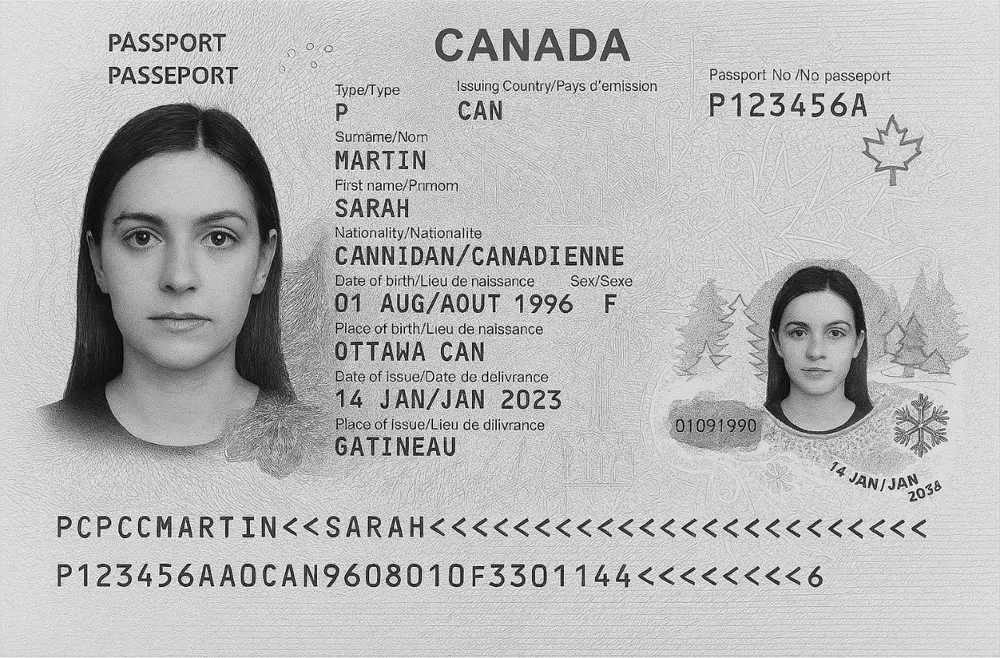 Sarah Martin’s Canadian passport as she scanned it: passport P123456A, surname Martin, first name Sarah, born 1 August 1996 in Ottawa, issued 14 January 2023 in Gatineau, expires 14 January 2038.