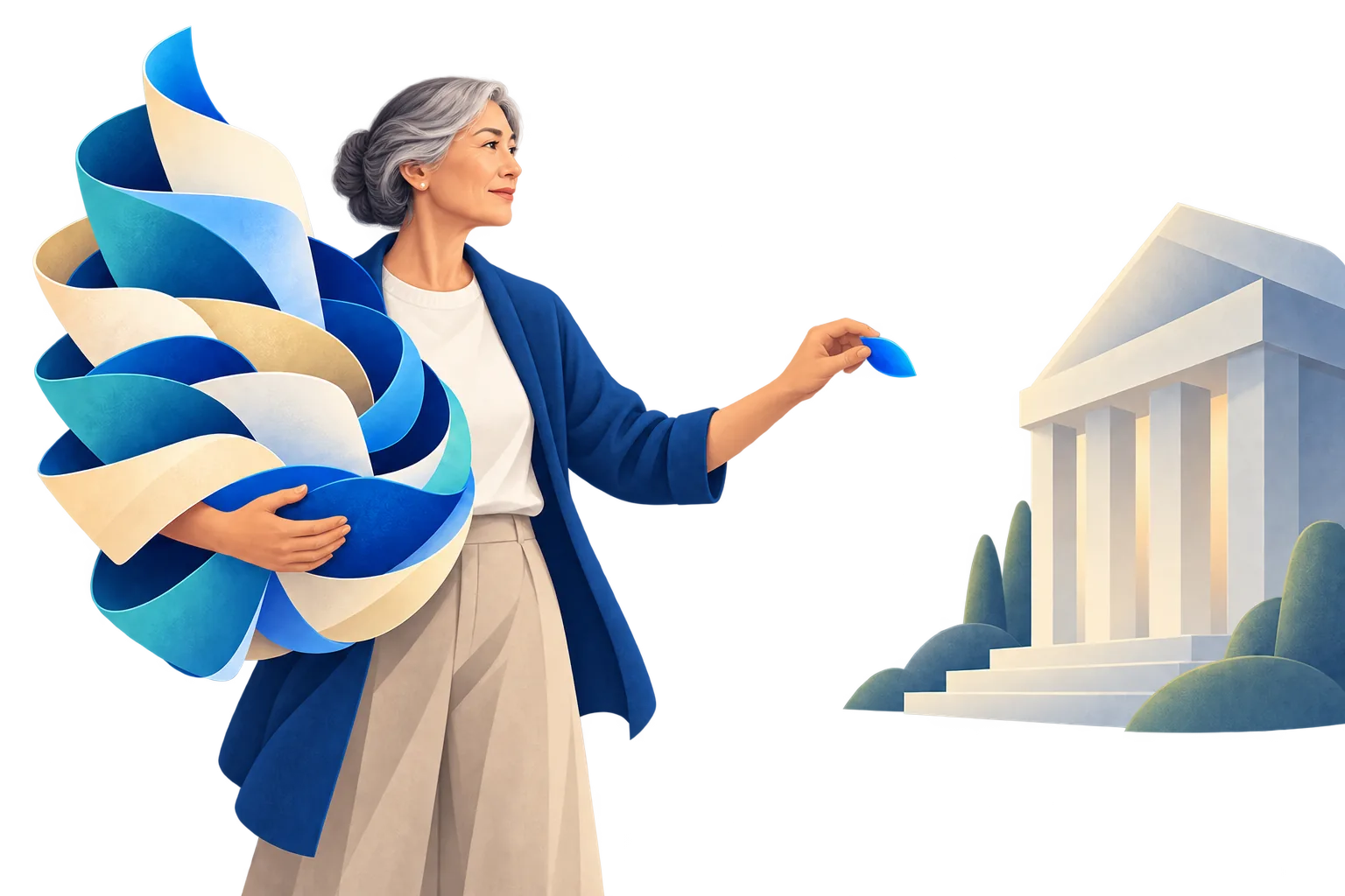 A woman holding the whole of her own information, offering one small piece of it to an institution that needs nothing more.