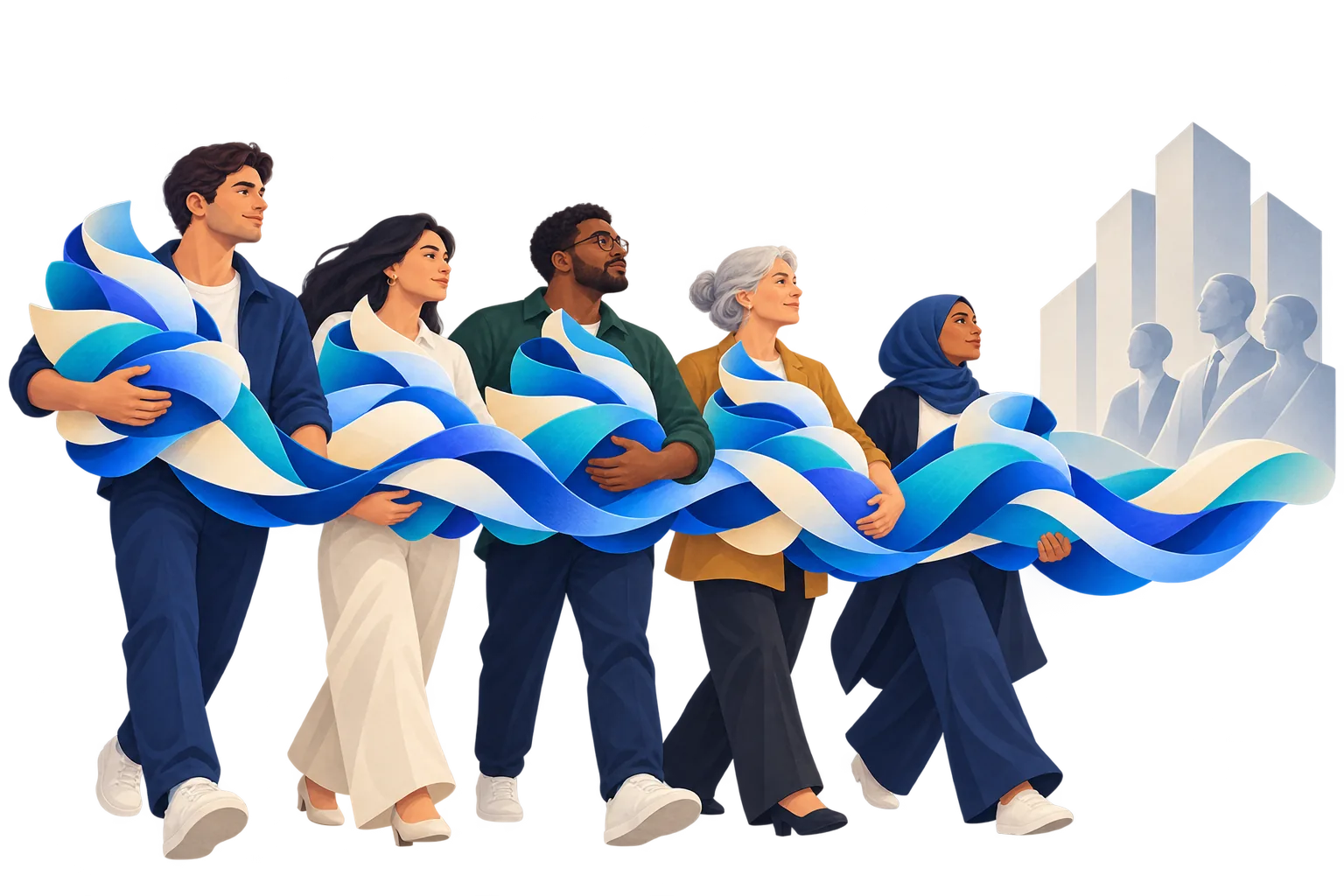 Five different people walking together, each carrying their own information, the strands joining into one current that the institutions ahead of them cannot ignore.